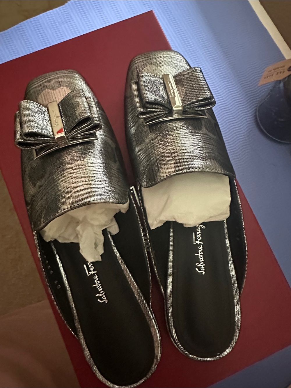 Salvatore Ferragamo Metallic Silver Bow Mules